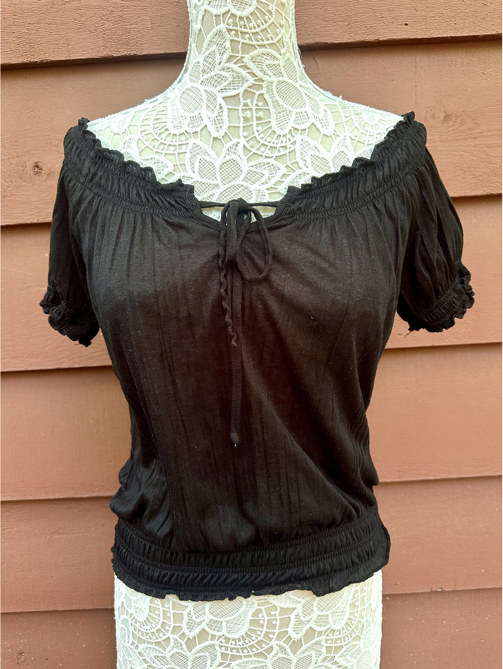 Belle‎ Du Jour Black Off The Shoulder Smocked Waist Peasant Top Bohemian Y2K